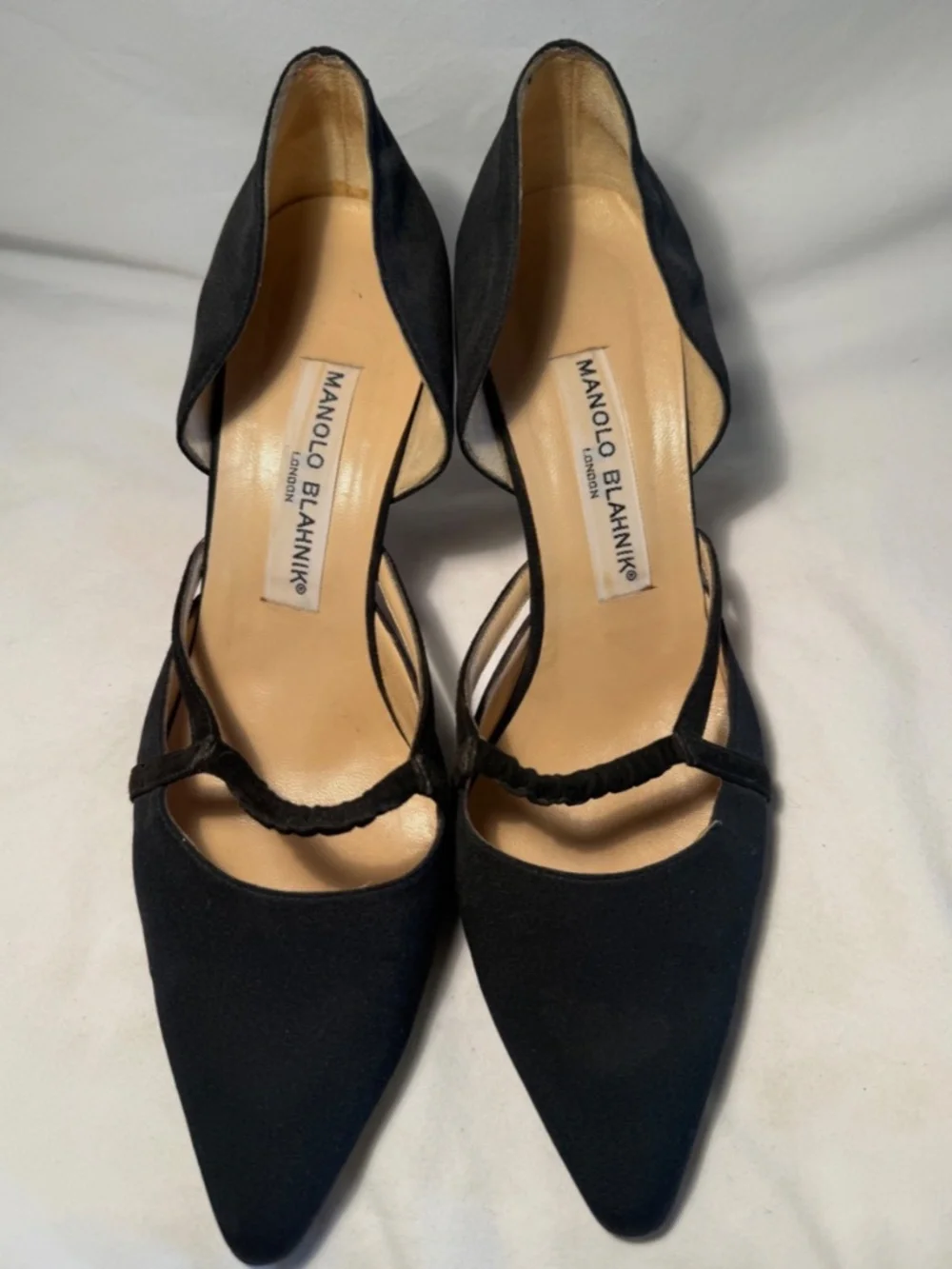 Vintage Manolo Blahnik Black Satin D'Orsay Kitten Heels Size 38.5
